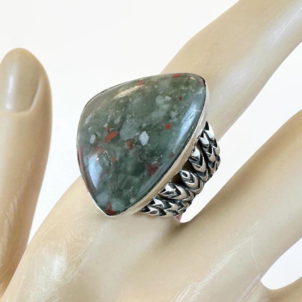 Vintage Bloodstone Ring: Sterling Silver Large Stone Statement Unisex